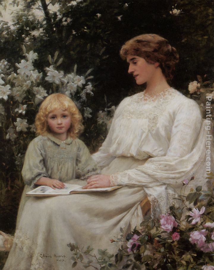 Edwin Harris Portrait of a mother and daughter reading a book